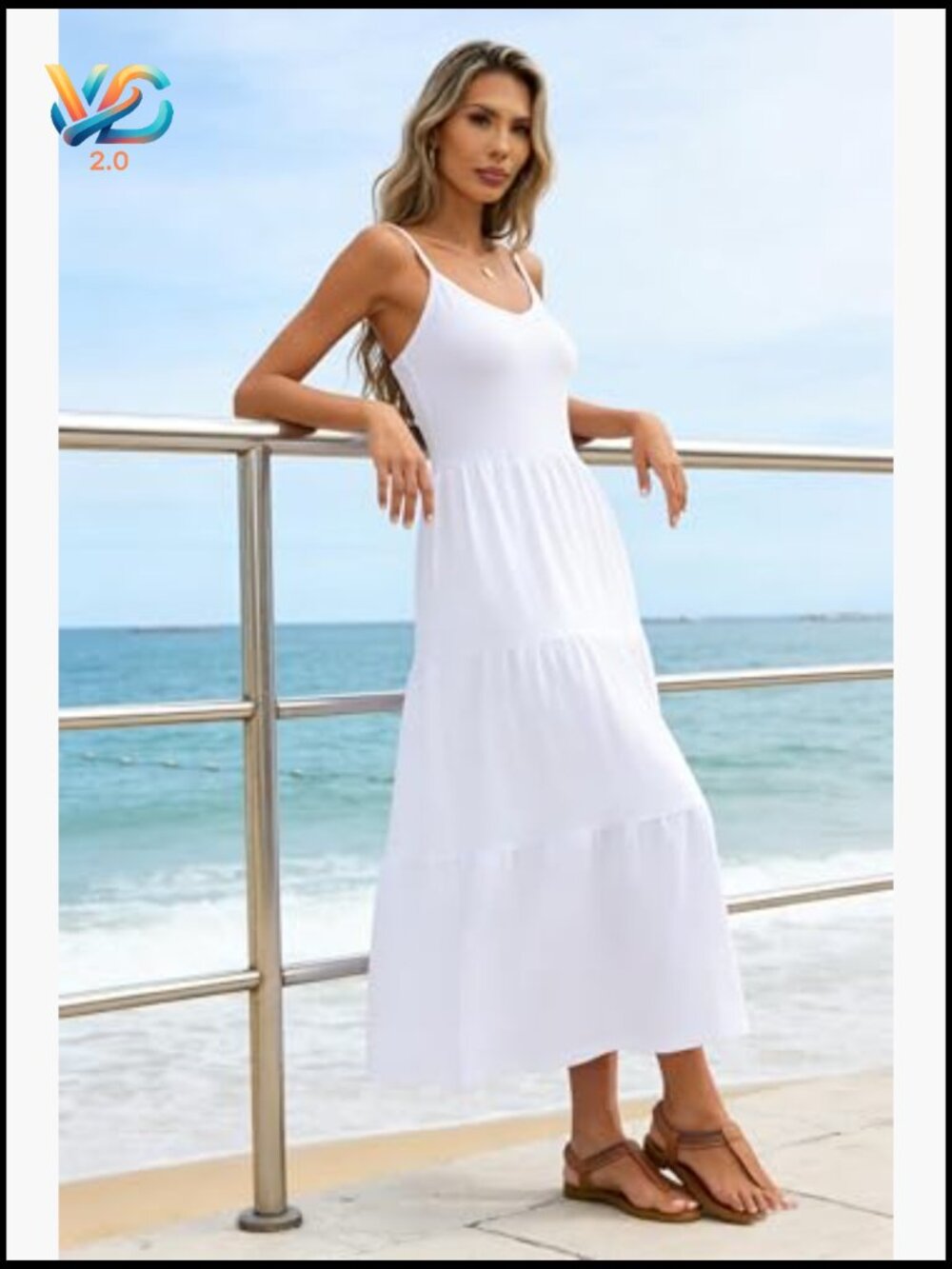 Flowy Tiered Maxi Dress Sleeveless Adjustable Straps Long Sundress - Picture 4 of 7